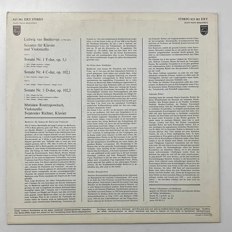Beethoven/Rostropovich/Richter - Sonaten Für Klavier Und Violoncello Nr. 1, 4 Und 5 - Philips DE 1964 1st press NM/VG+