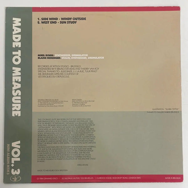 Blaine L. Reininger/Mikel Rouse - Colorado Suite / Made to measure Vol.3 - Crammed Discs BE 1984 1st press NM/VG+