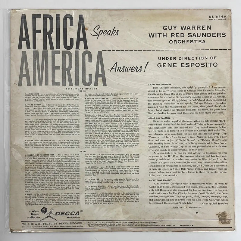 Guy Warren with Red Saunders Orchestra under direction of Gene Esposito - Africa speaks America answers - Decca US 1957 1st press VG/VG