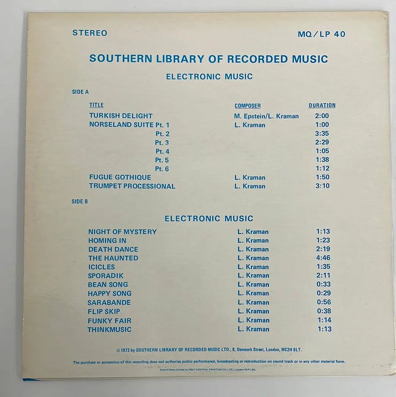Larry Kraman - Electronic Music - Southern Library of Recorded Music UK 1973 1st press NM/NM
