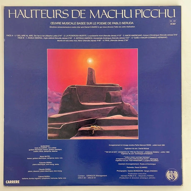 Los Jaivas - Hauteurs de Machu Picchu - Carrere FR 1981 1st press VG+/VG+
