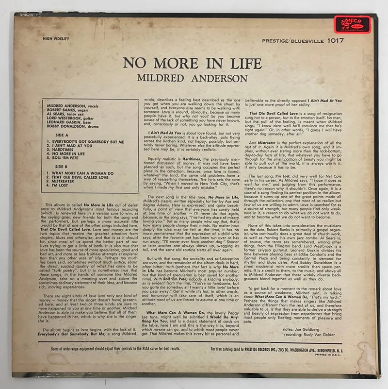 Mildred Anderson - No more in life - Prestige Bluesville US 1961 1st press VG+/VG+