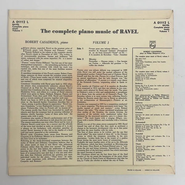 Robert Casadesus/Ravel - The Complete Piano Music Of Ravel: Volume 1 - Philips NL 1955 1st press VG+/VG+