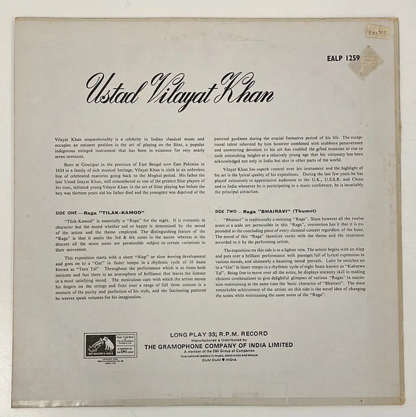 Ustad Vilayat Khan - Raga Tilak-Kamod/Raga Bhairavi - His master's voice IN 1961 NM/VG+
