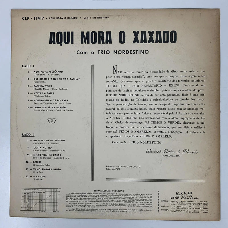 Trio Nordestino "Aqui mora o xaxado"  (Copacabana Discos, Brazil, 1965) VG+/VG+