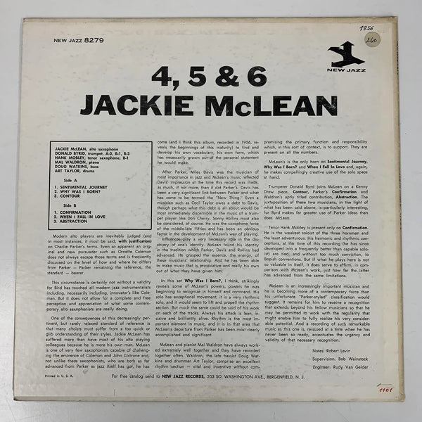 Jackie McLean "4, 5 & 6" (New Jazz (Repress), US, 1963) NM/VG+