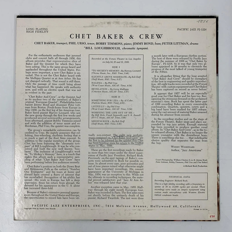 Chet Baker "Chet Baker & Crew" (Pacific Jazz, US, 1957) NM/VG+ Original Mono First Press !