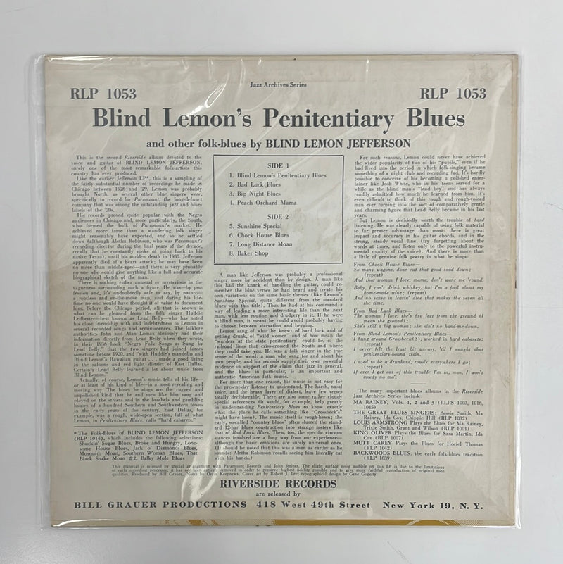 Blind Lemon Jefferson - Blind Lemon's penitentiary blues - Riverside US 1955 1st press VG+/VG+