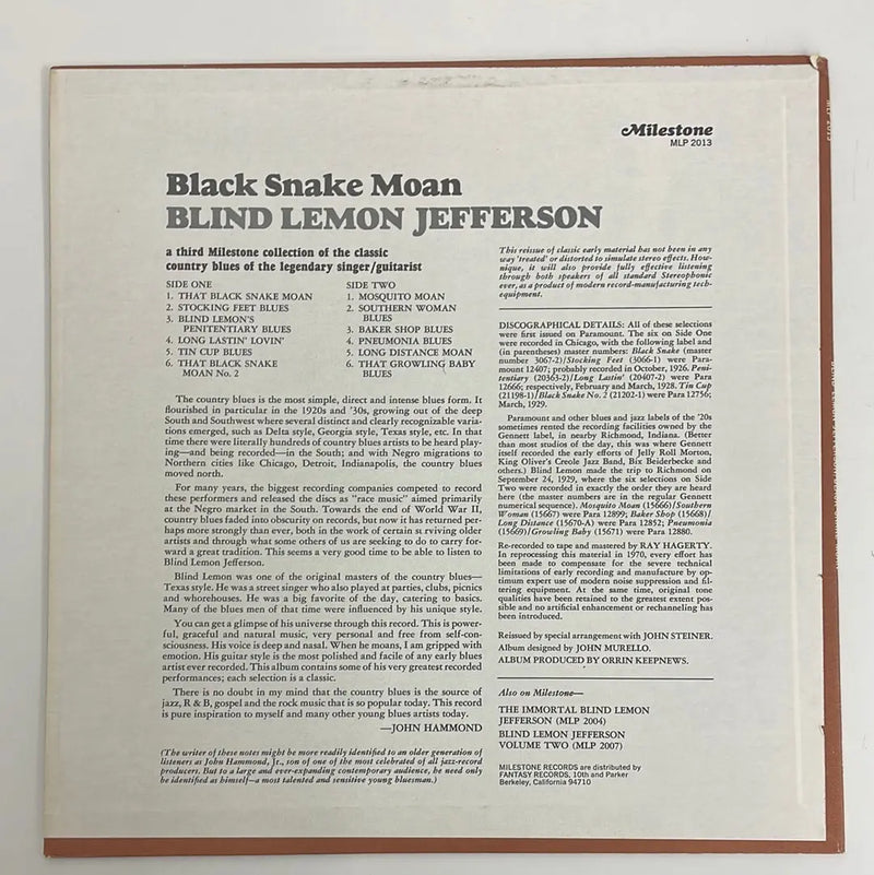 Blind Lemon Jefferson - Black Snake Moan - Milestone US 1970 1st press NM/NM