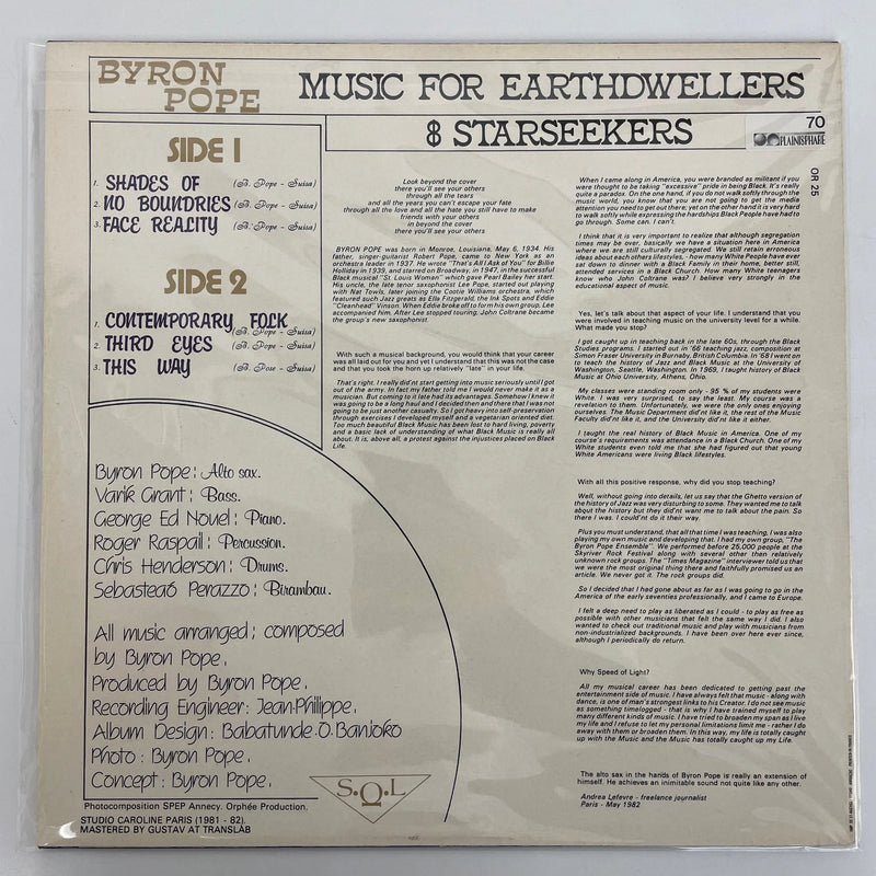 Byron Pope Speed of Light - Music For Earthdwellers And Starseekers - S.Q.L. FR 1982 1st press NM/NM - SEYMOUR KASSEL RECORDS