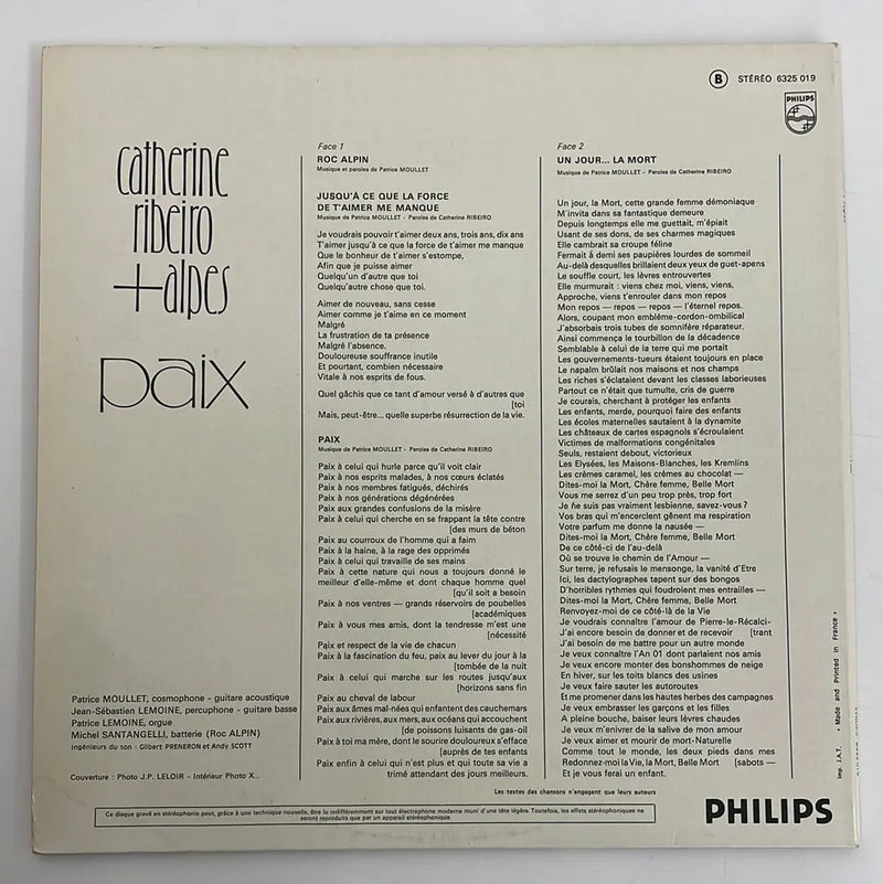 Catherine Ribeiro + Alpes - Paix - Philips FR 1972 1st press VG+/VG+
