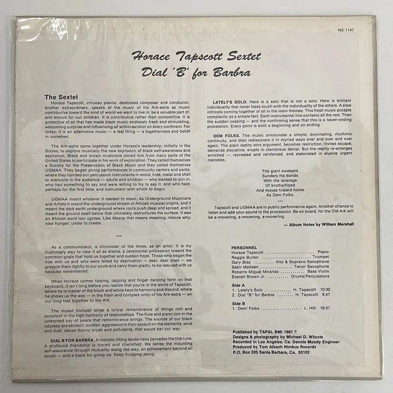 Horace Tapscott Sextett - Dial 'B' for Barbara - Nimbus US 1981 1st press NM/VG+