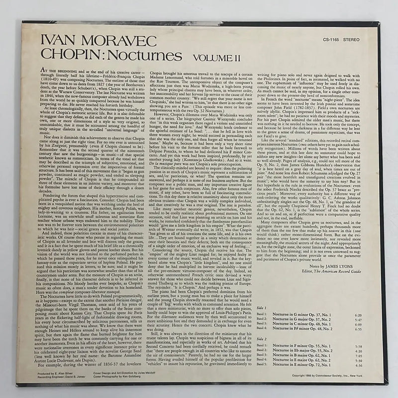 Ivan Moravec - Chopin Nocturnes Volume II - Connoisseur Society US 1966 1st press VG+/NM