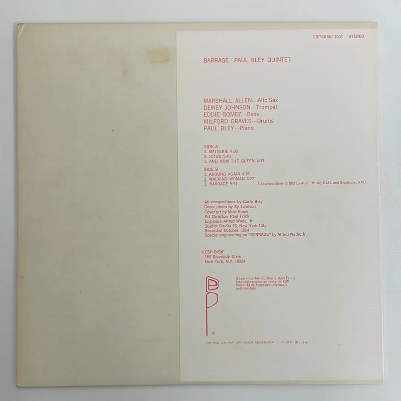 Paul Bley Quintet - Barrage - ESP Disk' US mid 60's NM/VG+