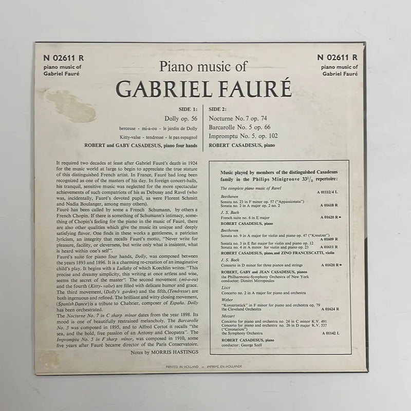 Robert Casadesus - Piano music of Gabriel Fauré - Philips NL early 60's  VG+/VG+